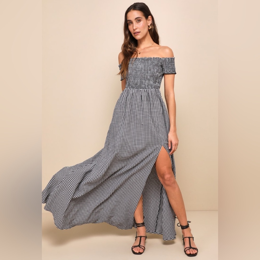 Lulu’s Patsy Black and White Gingham Off-the-Shoulder Maxi Dress Size XS